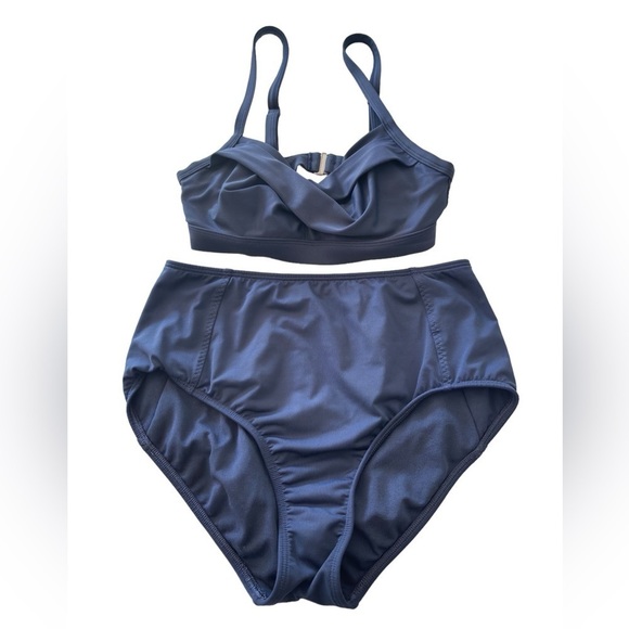Athlete High Waisted Bikini Knot Scoop Neck Swimsuit Two Pieces Small Navy Blue - Picture 5 of 13